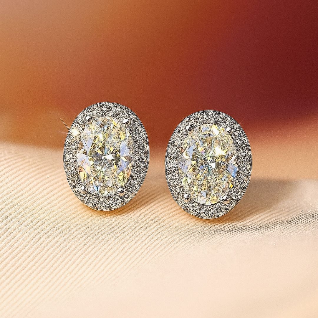 Oval Shaped CZ Diamond Stud Earrings - 18k Sparkling Treasure 3 Oval Shaped CZ Diamond Stud Earrings DIVIJEWL_EARR20.5