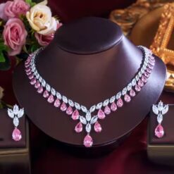 Shimmering Water Drop Shape Necklace and Earrings Set in Pink DIVIJEWL_NECK30