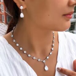 Sparkling 18K White CZ Diamond Crystal Necklace and Earrings Set DIVIJEWL_NECK41