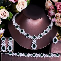 4 Pcs Flower Drop Emerald Green Big CZ Necklace Set