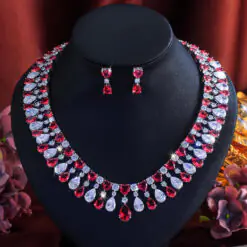 Red CZ Heart Drop Dangle Necklace Earrings Jewelry Set