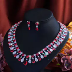 Alternative view of Red CZ Heart Drop Dangle Necklace Earrings Jewelry Set
