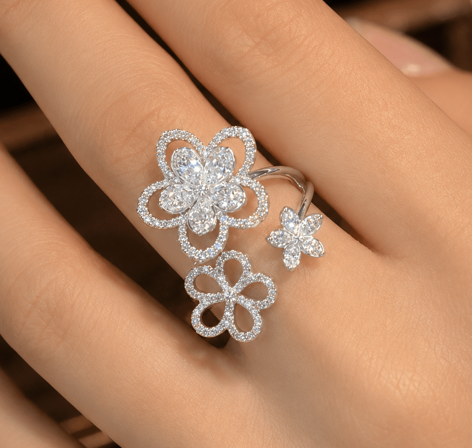 Flowers Open CZ Diamond Ring With Claw Setting DIVIJEWL_RING119 3 Flowers Open CZ Diamond Ring With Claw Setting DIVIJEWL_RING119